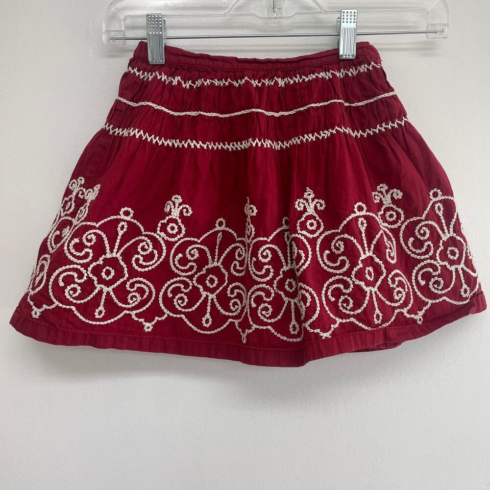 Mini Boden Girl's Red Smocking White Embroidered Skirt Sz 3-4 Yrs